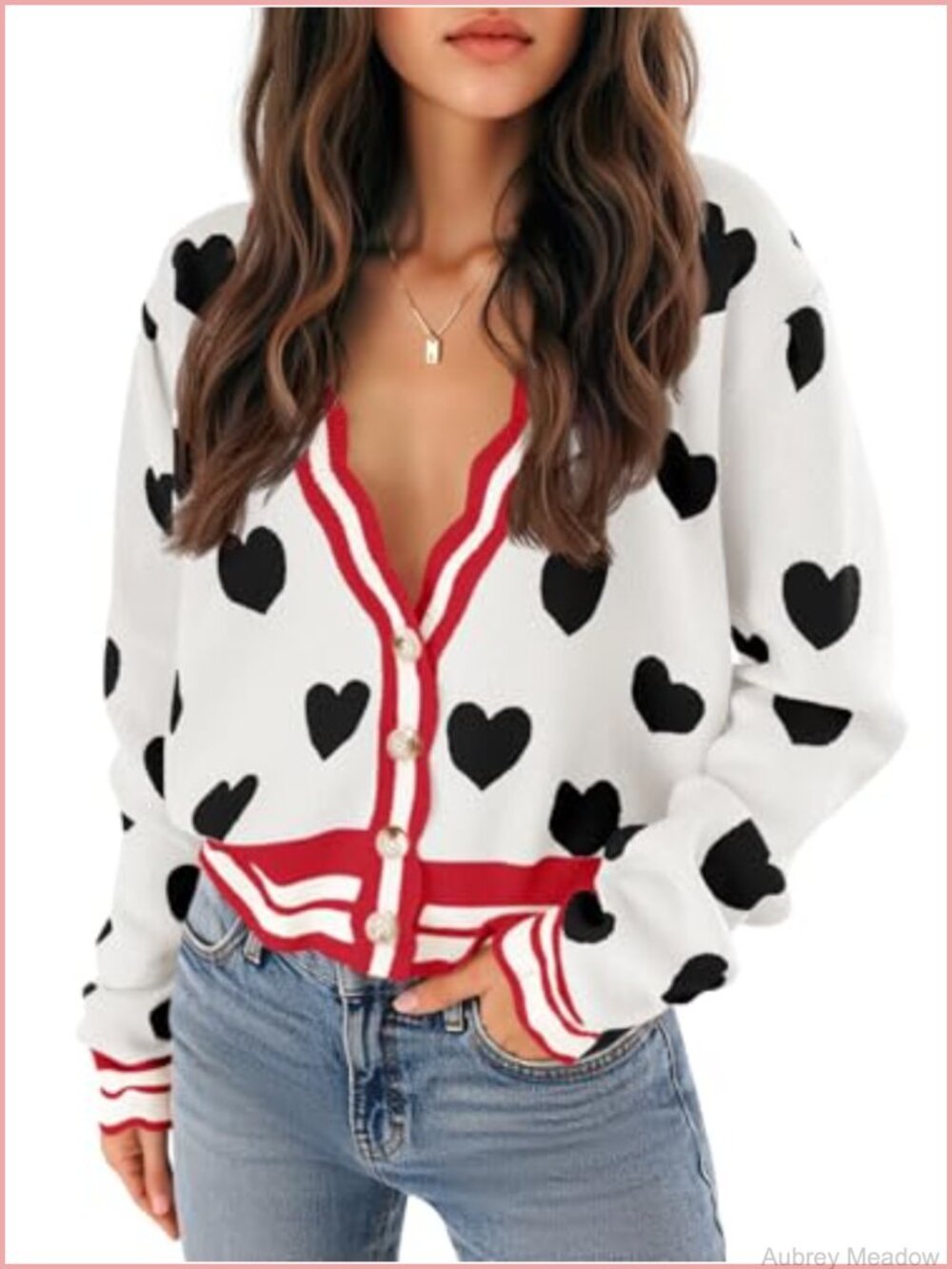 Cute Heart Print V-Neck Cardigan Long Sleeve Color Block Knit Valentines Sweater